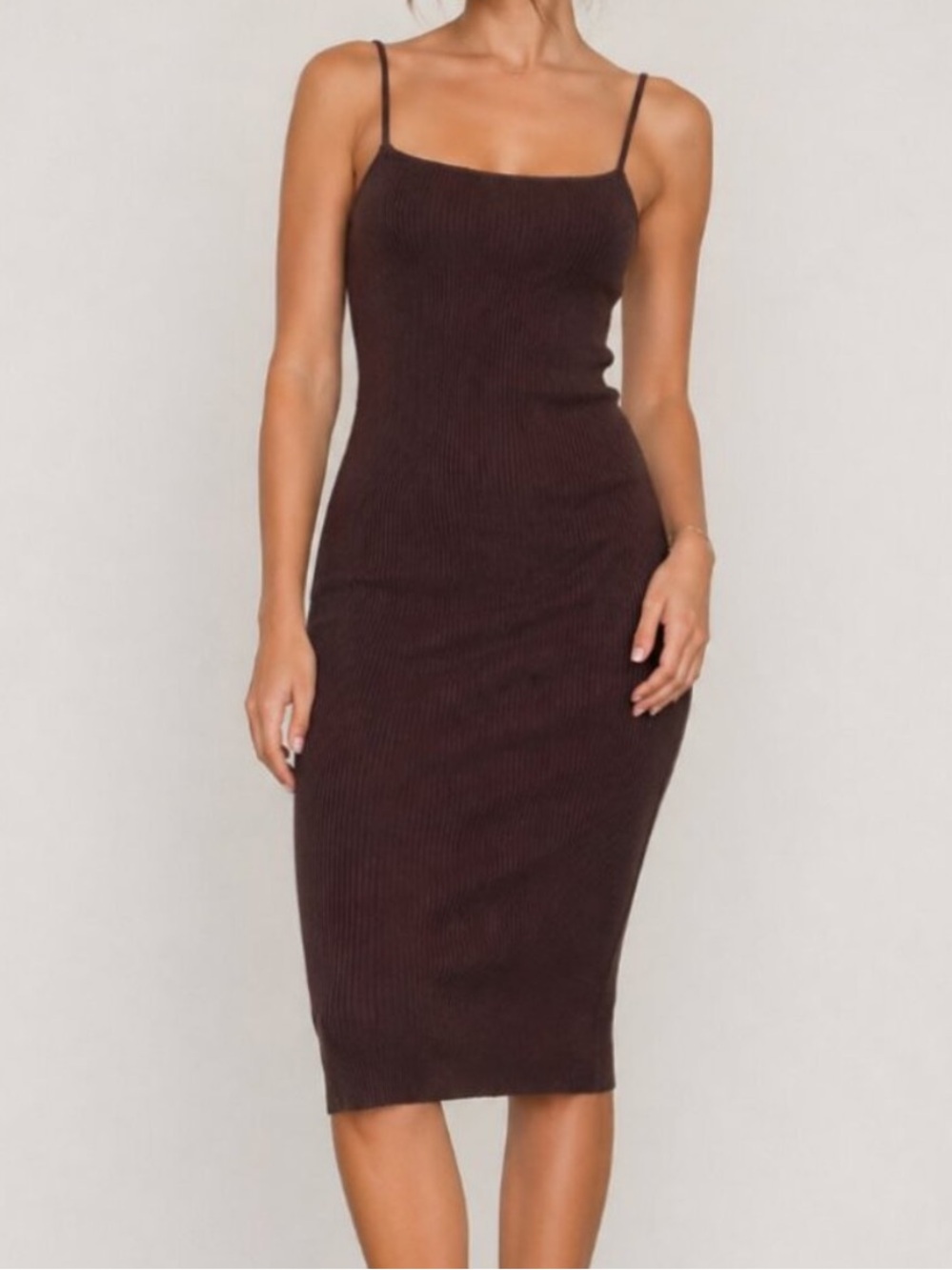 House of Harlow Ribbed Bodycon Midi Dress Brown Minimal Slip M